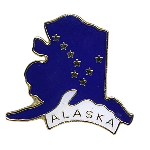 Alaska State Outline Enamel Lapel Pin With Gold-Tone Design & Star Detailing - Picture 1 of 6